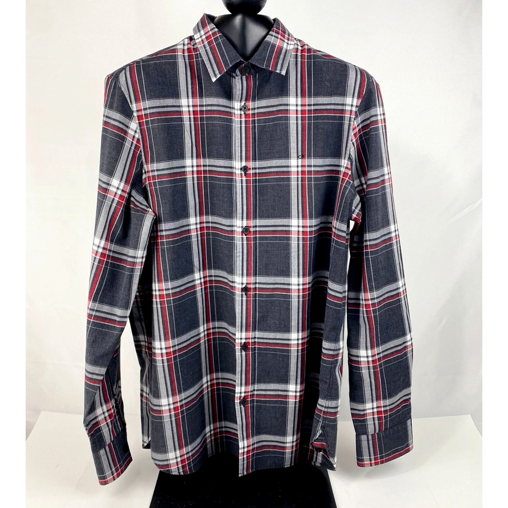 New Calvin Klein Long Sleeve Shirt Men's Medium Easy Care Plaid Gray Maroon
